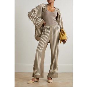 TOTEME Monogram Silk Striped Wide-Leg Pants 28" / Size 36 / US 4 / Taupe Loose